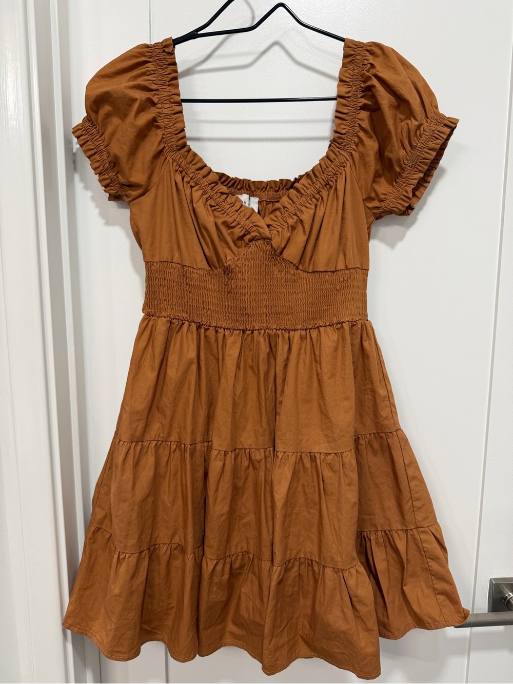 MARBLE Rust Brown Puff-Sleeve Tiered Mini Dress